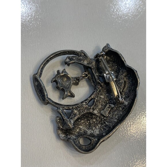 Vintage Signed JJ Jonette Pin Brooch Pewter Cat with Fish Bowl - Picture 3 of 7